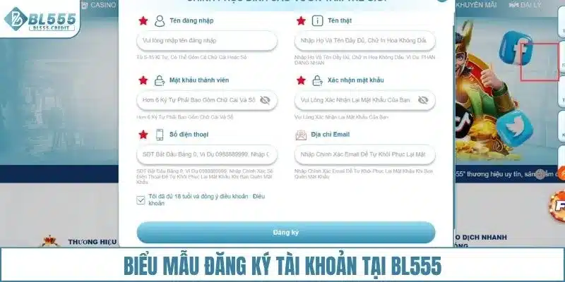 Biểu mẫu đăng ký tài khoản tại nhà cái BL555